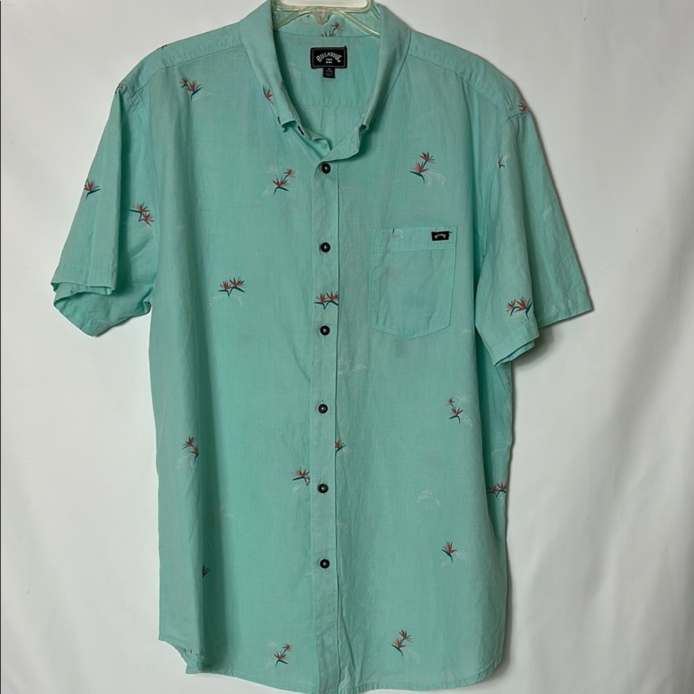 Billabong Men’s Size XL Short Sleeve Full Button Front Green Floral Print Shirt